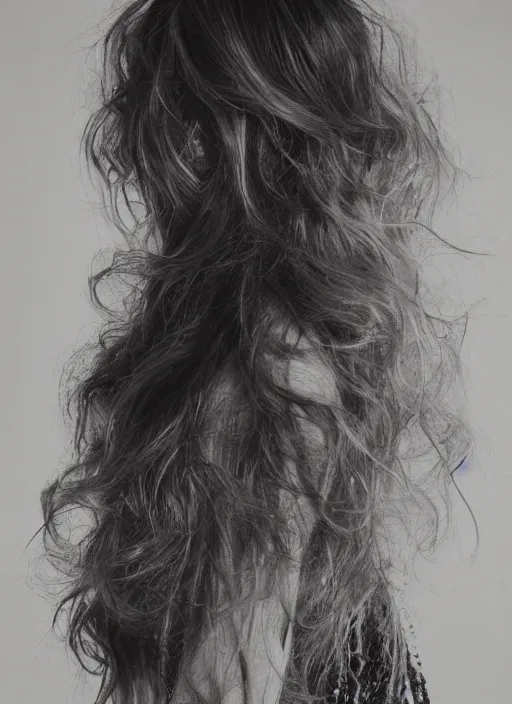 Image similar to dramatic photo of a woman with super wavy snake marble hair. moody and melanchonic. with a bit of gold