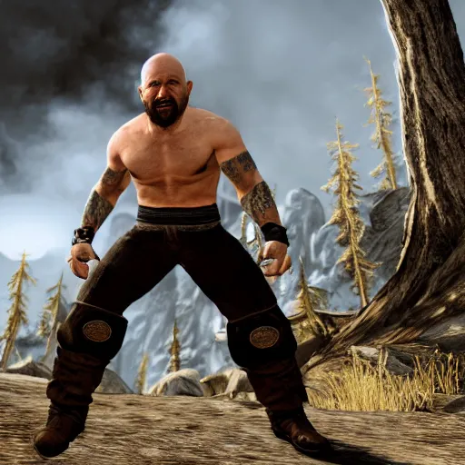 Prompt: character screenshot of ufc president dana white, npc, skyrim, wilderness, 1 0 8 0 p, bokeh, elder scrolls v, detailed, dialog