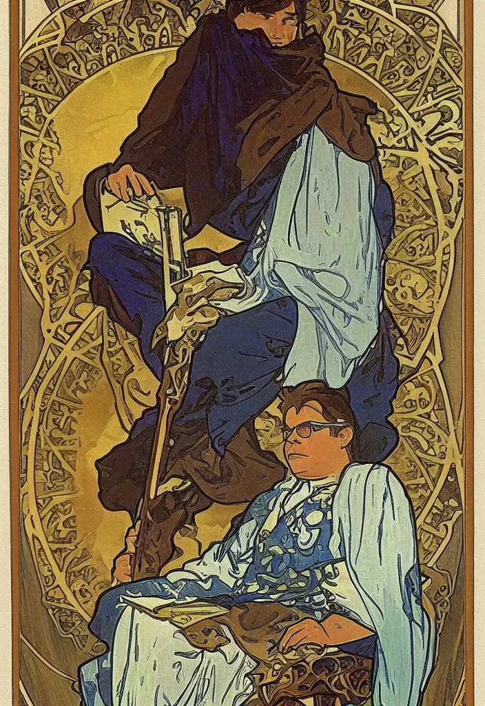 Image similar to Yann LeCun sitting on the throne on a tarot card, tarot in art style by Alphonse Mucha