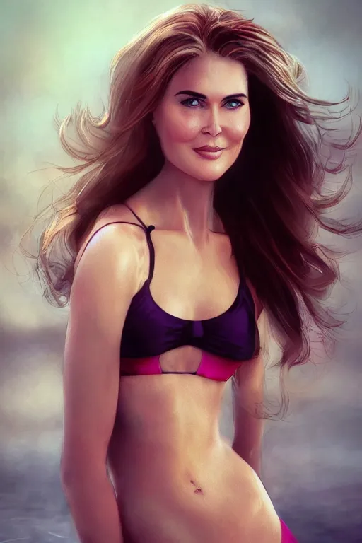 Image similar to mix of beautiful young maria shriver, mariel hemmingway, brooke shields, nicole kidman and elle macpherson as a young bikini model, thin lips, hair tied up in a pony tail, dark blonde hair, colorful, artstation, cgsociety