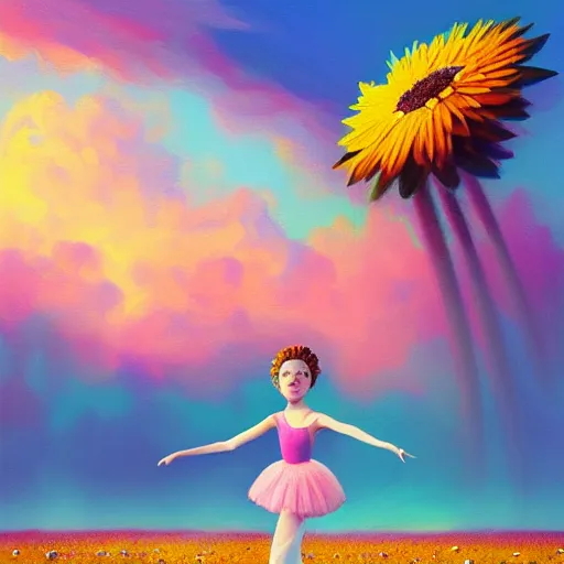 Image similar to giant daisy flower as head, girl ballet dancing in a flower field, surreal photography, sunrise, dramatic light, impressionist painting, colorful clouds, digital painting, artstation, simon stalenhag