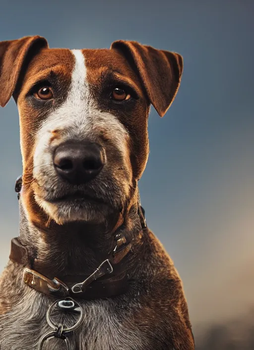 Image similar to closeup portrait of a hunting terrier smoking a cigare, depth of field, zeiss lens, detailed, centered, by Annie Leibovitz and Steve McCurry, David Lazar, Jimmy Nelsson, Breathtaking, 8k resolution, extremely detailed, beautiful, establishing shot, artistic, hyperrealistic, beautiful face, octane render