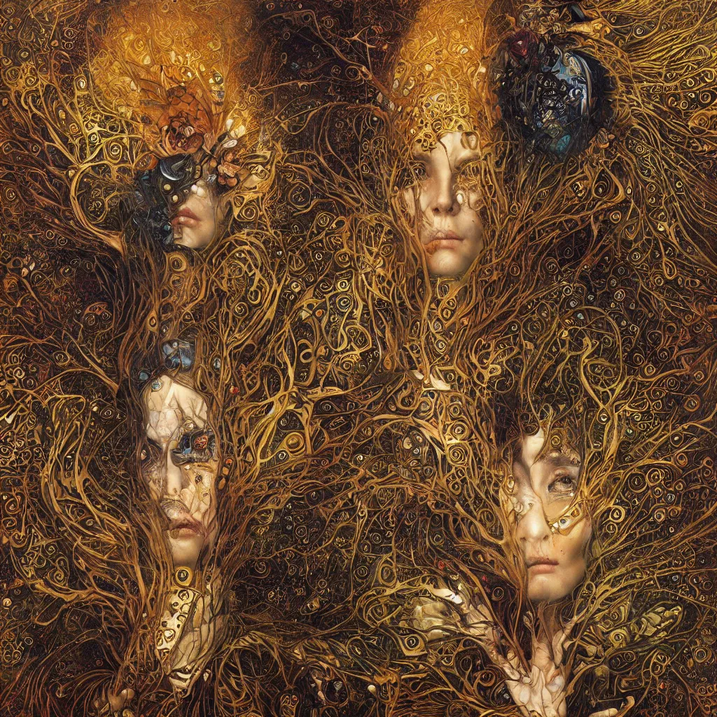 Prompt: Divine Chaos Engine by Karol Bak, Jean Deville, Gustav Klimt, and Alex Gray, sacred geometry, fractal structures