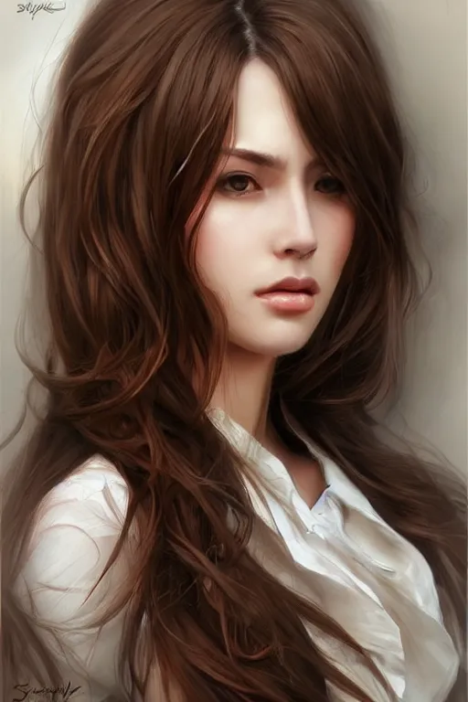 Image similar to a gorgeous female with long brown hair in the style of stefan kostic, realistic, full body, sharp focus, 8 k high definition, insanely detailed, intricate, elegant, art by stanley lau and artgerm