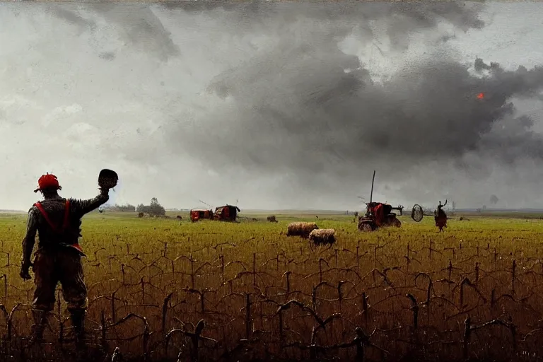 Image similar to jakub rozalski monster in a farmer's field