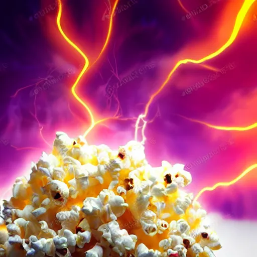 Image similar to fluffy popcorn hit by lightning, elemental spirit, in the style of a manga character, with a smiling face and flames for hair, sitting on a lotus flower, white background, simple, clean composition, symmetrical