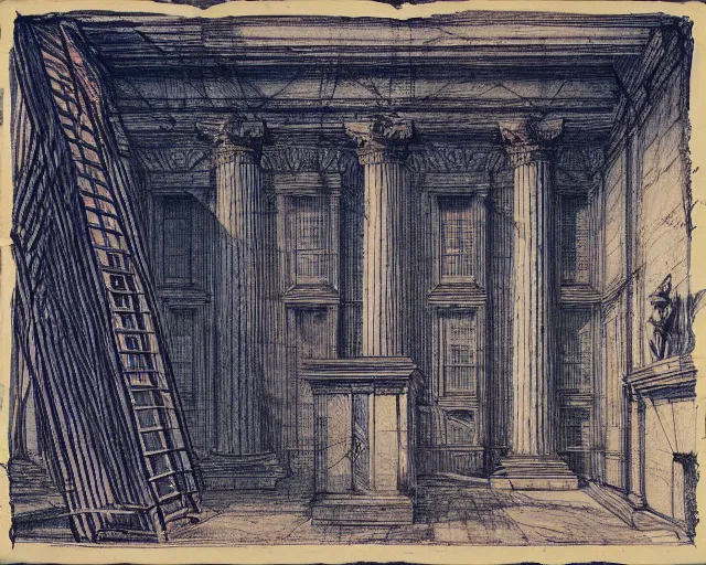 Image similar to red blue and green ballpoint pen on plywood. Piranesi imagination.