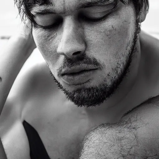 Image similar to an close-up portrait of man tired watch bikini on his discord