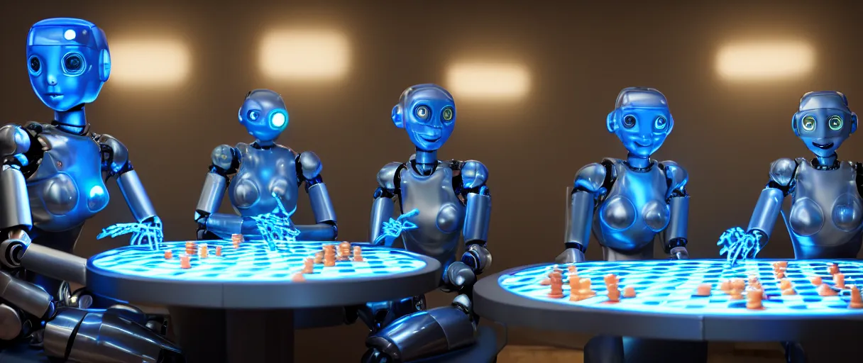 Image similar to a highly detailed photo of two futuristic matte blue full humanoid robots with glowing led eyes and chrome accents, sitting on large midcentury recliners facing off in an intense game of checkers. cinematic movie photograph, cinematic lighting, arri alexa, extremely detailed, smooth, very very clean, 8 k, octane render, maya render, unreal engine, trending on artstation, dslr