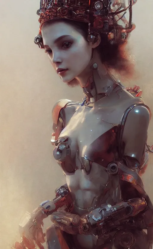 Prompt: a beautiful painting of a crowned robotic cyberpunk princess with stunning face in a flowing gown, intricate, elegant, highly detailed, digital painting, artstation, concept art, by krenz cushart and artem demura and william adolph bouguereau