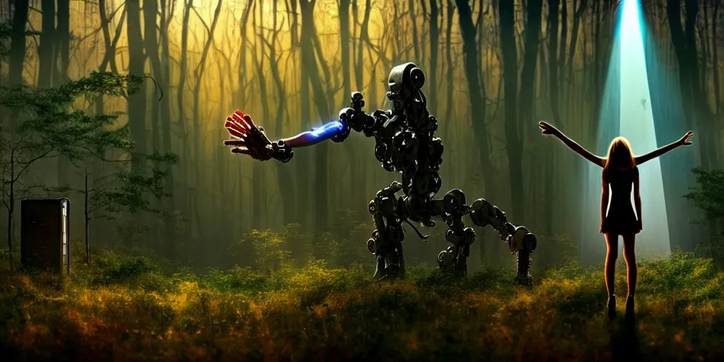 Image similar to sci - fi scene future new york city, last girl on earth, in manhattan holding onto the outstretched hand of a giant robot, forest punk, little girl meets robot, crepuscular rays, epic scene, hyper realistic, photo realistic, overgrowth, cinematic atmosphere, ethereal lighting,