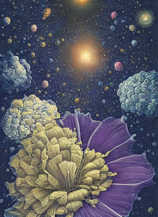 Image similar to detailed, intricate blue black and purple papaverum flower on the field, nebula, galaxy in the sky, winning award masterpiece, fantastically beautiful, illustration, aestheticly inspired, jacek yerka, upscale with anguissola sofonisba work, artstation, 8 k