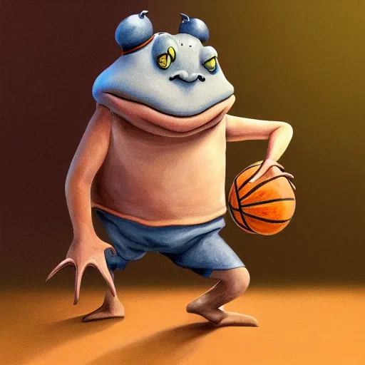 Image similar to a six foot tall anthropomorphic toad playing basketball, style of maurice sendak, painting, 4 k, artstation