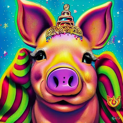 Image similar to lisa frank action pose pig wearing a gold crown throwing pop corn painting by android jones