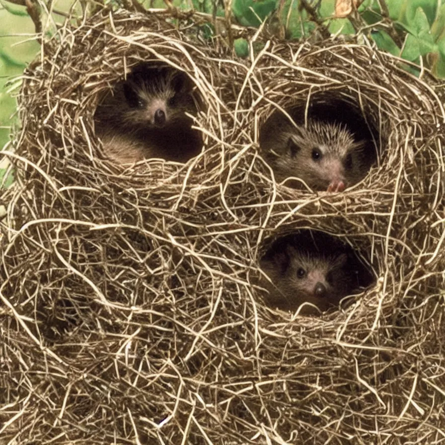 Image similar to a still from a vhs video, of a hedgehog sitting in a birds nest, in a tree