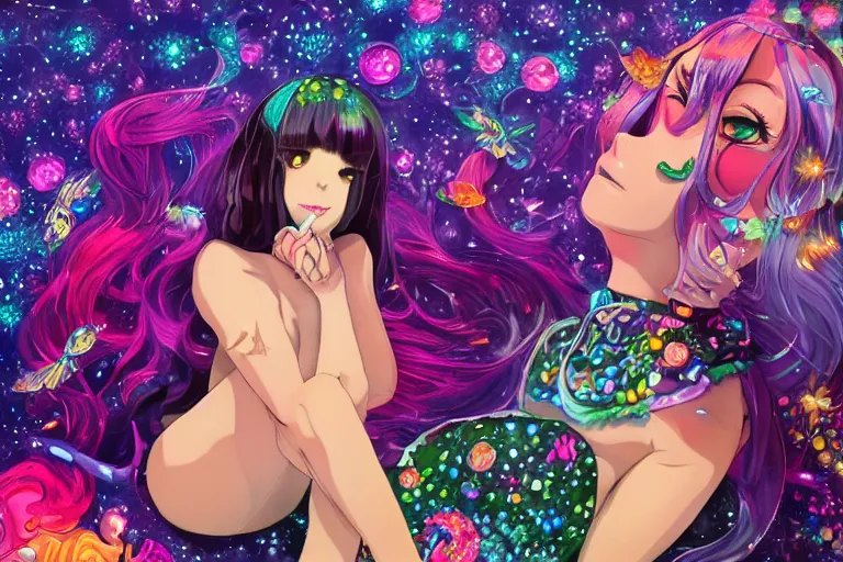 Image similar to psychedelic, whimsical, anime, 4k, beautiful seductive lamia smoking weed, with professional makeup, long trippy hair, a crystal and flower dress, sitting on a reflective pool, surrounded by gems, underneath the stars, rainbow fireflies, trending on patreon, deviantart, twitter, artstation, volumetric lighting, heavy contrast, art style of Greg Rutkowski and Miho Hirano and Ross Tran