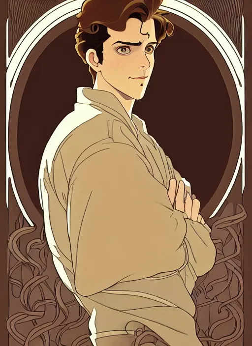 Image similar to art nouveau portrait of a handsome young man with curly light brown hair, brown eyes, serious facial expression, gloomy mood, annoyed, t - shirt, natural lighting, path traced, highly detailed, high quality, cartoon, digital painting, by don bluth and ross tran and studio ghibli and alphonse mucha