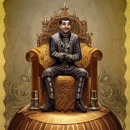 Prompt: Mr. Bean depicted as a medieval king on his throne, fantasy, intricate, ornate, Hyperdetailed, digital art, behance, artstation, smooth, sharp focus, bokeh, illustration, digital painting, elegant, symmetrical