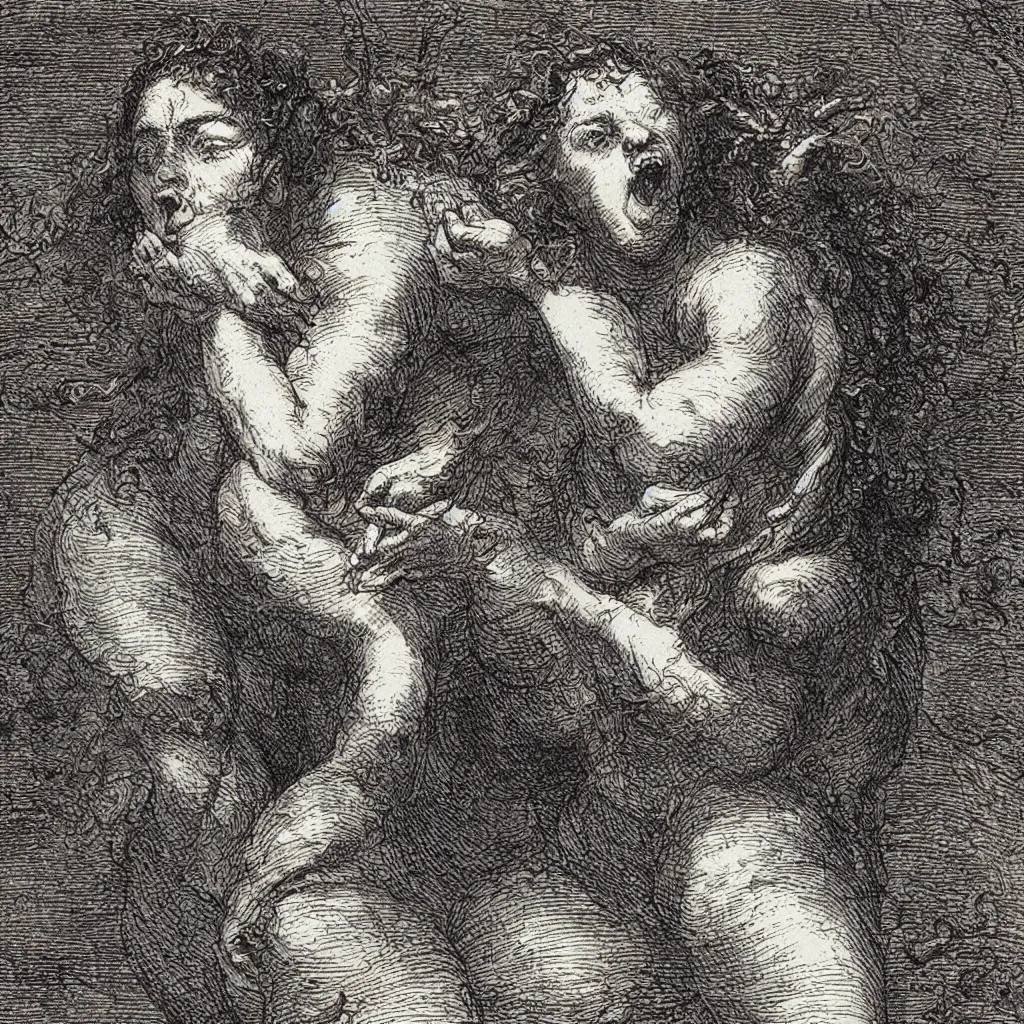 Image similar to close up of a woman cyring and rage, gustav dore