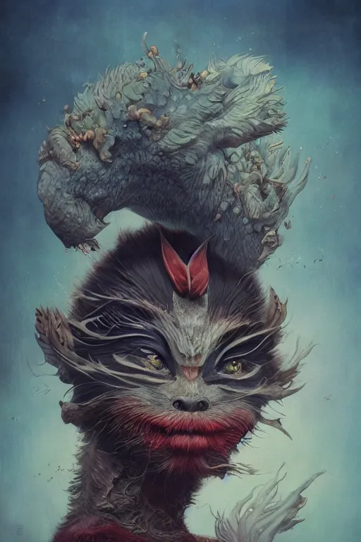 Prompt: a portrait of a japanese exotic animal illustrated by miyazaki by karol bak, james jean, tom bagshaw, rococo, sharp focus, trending on artstation, cinematic lighting, hyper realism, octane render, 8 k, hyper detailed, vivid, ultra detailed, highly detailed