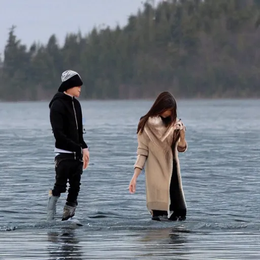 Prompt: justin bieber and selena gomez at a lake during christmas