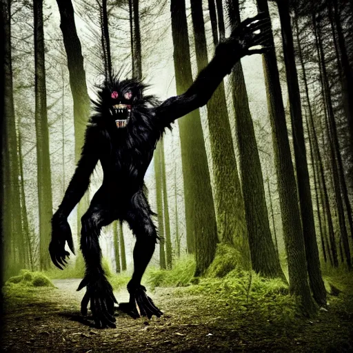 Image similar to werecreature consisting of a human and crow, photograph captured in a forest