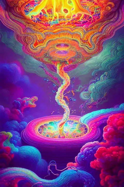 Prompt: flowing colorful prismatic liquid clouds opening portal to another dimension, dmt, psilocybin, lsd, detailed, intricate, elegant, highly detailed, digital painting, artstation, concept art, smooth, sharp focus, illustration, art by hana yata, and artem demura and beeple, octane render, unreal engine, 8 k