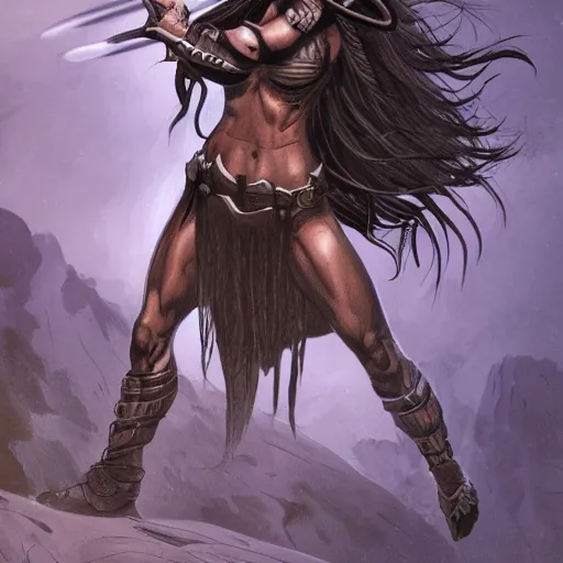 Image similar to a muscular bronze - skinned silver - eyed woman warrior with long black hair, in xena armor, in an arena on a hostile alien planet, highly detailed, mike mignola, trending on art station, illustration, comic book