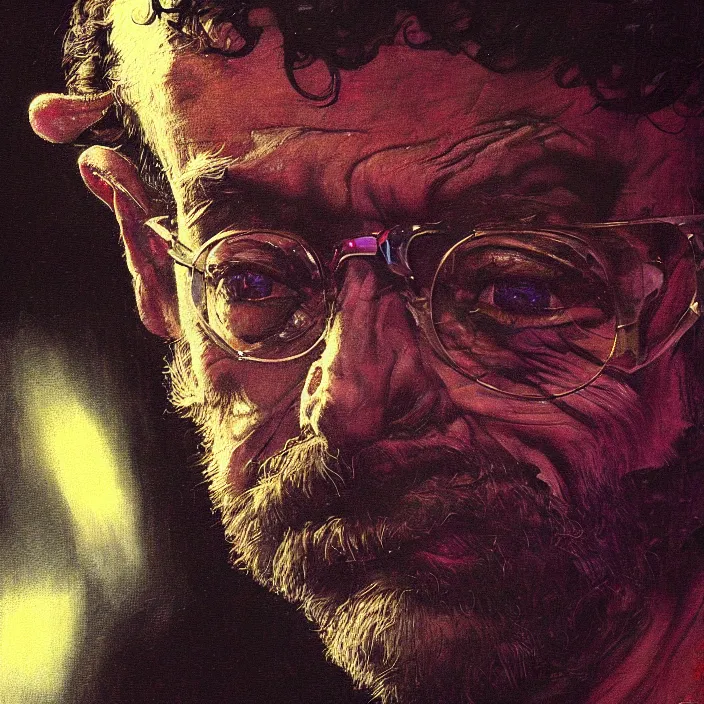 Prompt: a dark close - up retrofuturistic portrait of terence mckenna. reflective detailed textures. soft gloomy dark background. highly detailed fantasy science fiction painting by moebius, norman rockwell, frank frazetta, and syd mead. rich colors, high contrast. artstation