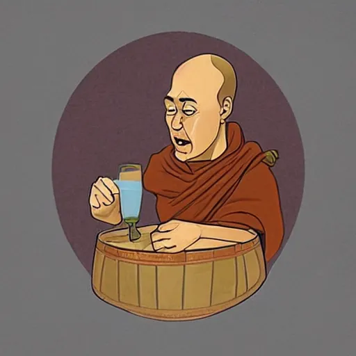 Image similar to sketch of a monk drinking wine next to a barrel, in the style of da Vinci