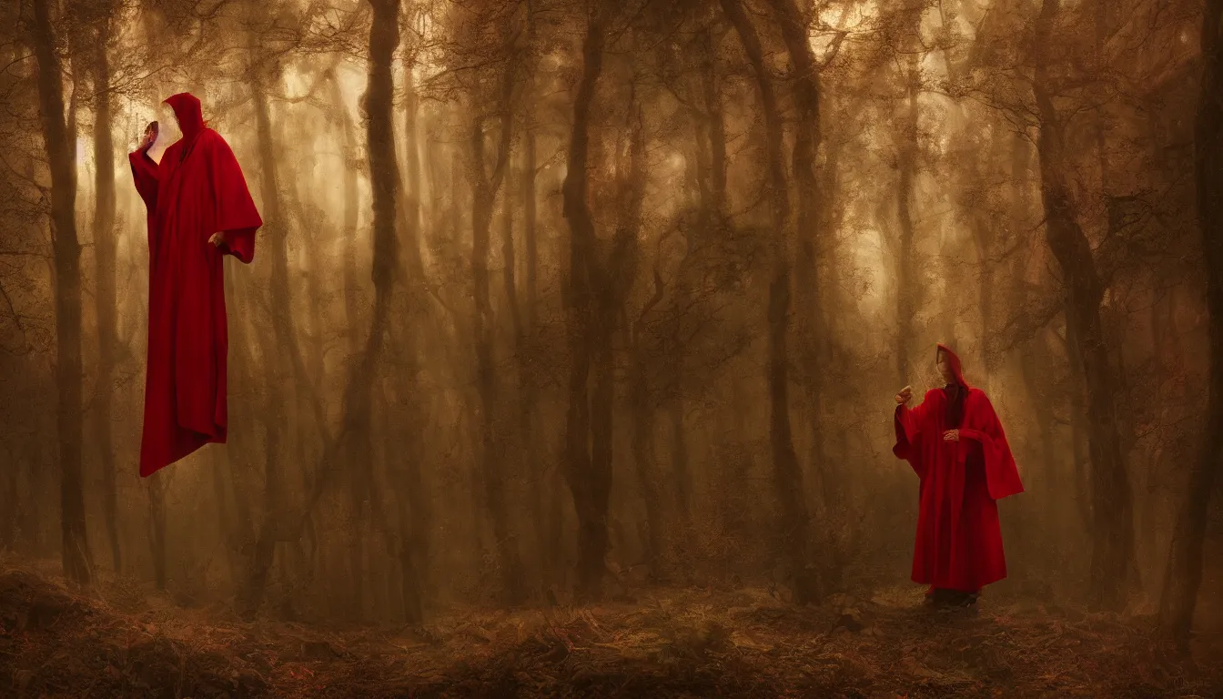 Prompt: a lamb wearing red robes by greg rutkowski, deep colors and dark shadows, forest background, ambient glow, cultist