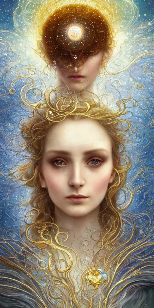 Image similar to Beautiful Delicate Detailed portrait of sun summer woman, With Magical golden eyes by Tom Bagshaw, Bastien Lecouffe Deharme, Erik Johansson, Amanda Sage, Alex Grey, Alphonse Mucha, Harry Clarke, Josephine Wall and Pino Daeni, Delicate winter frozen creature With long golden Hair and Magical Sparkling Eyes, Magic Particles; Magic Swirls, in a out of this world magical summer landscape, 4K; 64 megapixels; 8K resolution concept art; detailed painting; digital illustration; hyperrealism; trending on Artstation; Unreal Engine Photorealistic, lifelike, Unreal Engine, sharp, sharpness, detailed, 8K