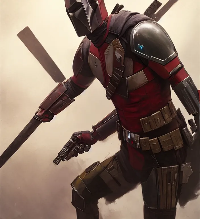 Image similar to mandalorian deadpool, futuristic, dramatic light, soft, sharp focus, concept art by greg rutkowski and ruan jia