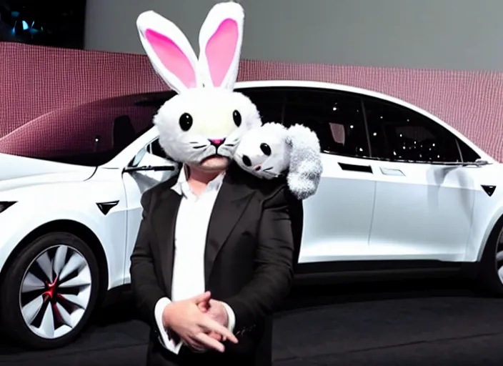 Image similar to elon musk presenting the new tesla wearing a bunny costume, award winning photo