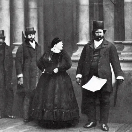 Prompt: queen victoria robbing a bank, 1870s photo