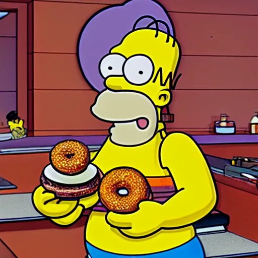 Prompt: homer simpson drooling at the sight of a donut mountain