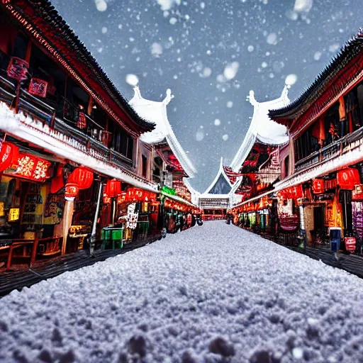 Prompt: a beautiful winter photograph of Chinatown in Singapore covered in snow, shallow depth of focus