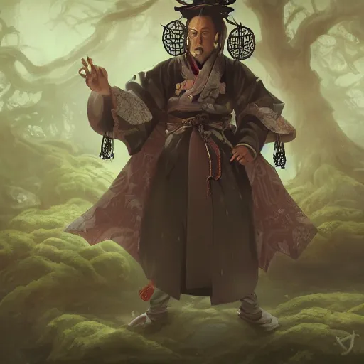 Prompt: edo era Japanese samurai death cleric In a haunted forest, DND art, 8k resolution matte fantasy painting, by Jason Felix and Peter Mohrbacher and Brom, cinematic lighting-n 8