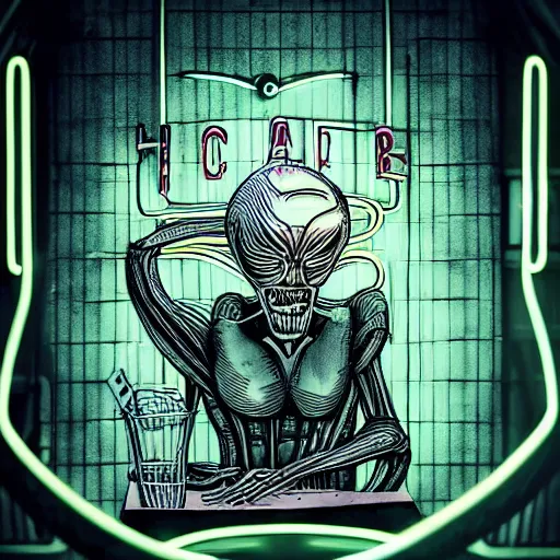 Image similar to hr giger style alien eating a hamburger and fries inside a space station with a neon shop sign in the background, photography