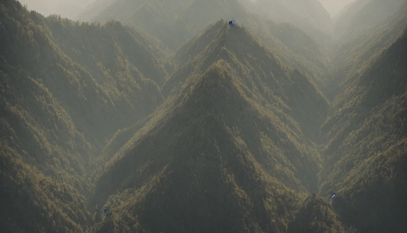 Image similar to hikers going up a mountain, view from above, silhouette victor ngai