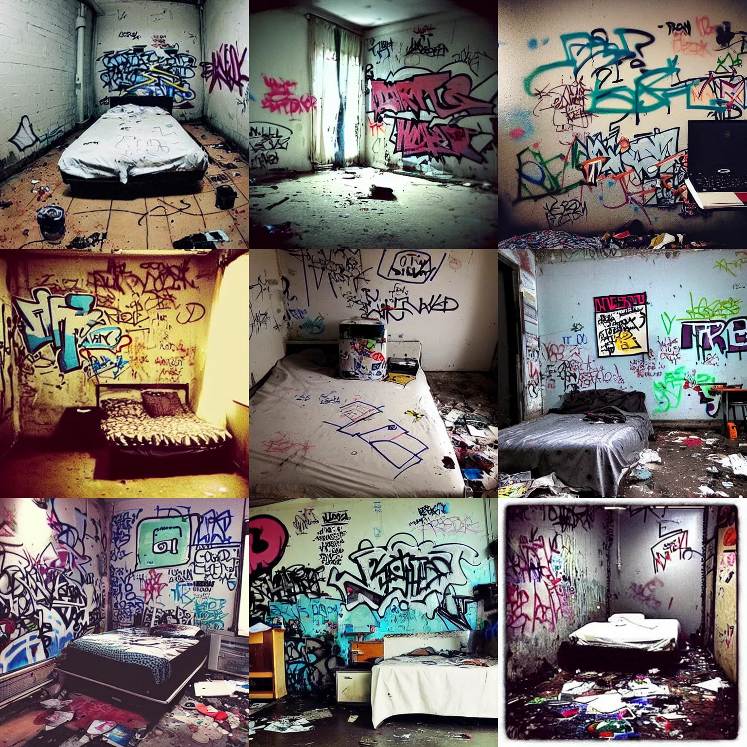 Prompt: “photo of a small lonely filthy bedroom with a dirty mattress with a Thinkpad on it and garbage everywhere on the floor and graffiti on the walls in the style of Jon Divola”
