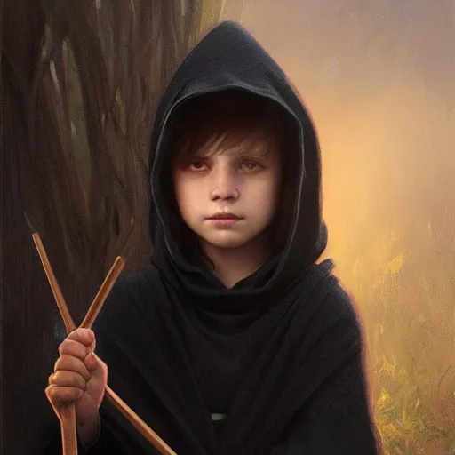 Prompt: perfectly - centered - portrait of a kid wearing black cloak holding stick, intricate, highly detailed, digital painting, artstation, concept art, smooth, sharp focus, illustration, unreal engine 5, 8 k, art by artgerm and greg rutkowski and alphonse mucha