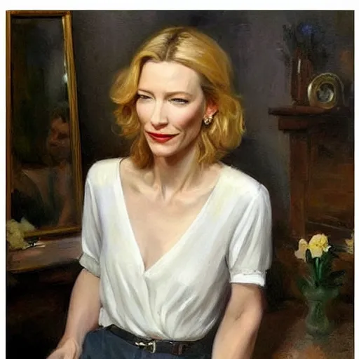 Image similar to cate blanchett in low-cut blouse in front of a mirror, painting by Vladimir Volegov