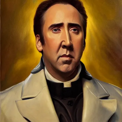 Prompt: Nicolas Cage as an Android, oil on canvas, golden hour, artstation, by J. C. Leyendecker and Peter Paul Rubens,