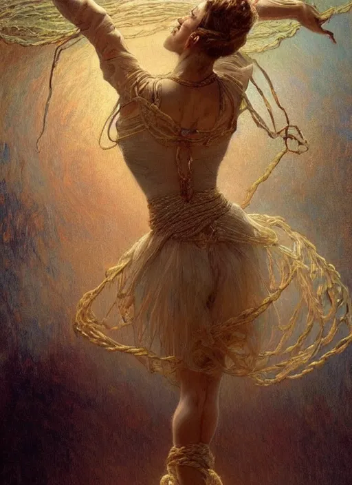 Prompt: a beautifull intricate rope painting of a dancing ballerina, reflexions, verry high details by william turner art, greg rutkowski and alphonse mucha, trending on artstation, very very detailed, masterpiece, muted colors