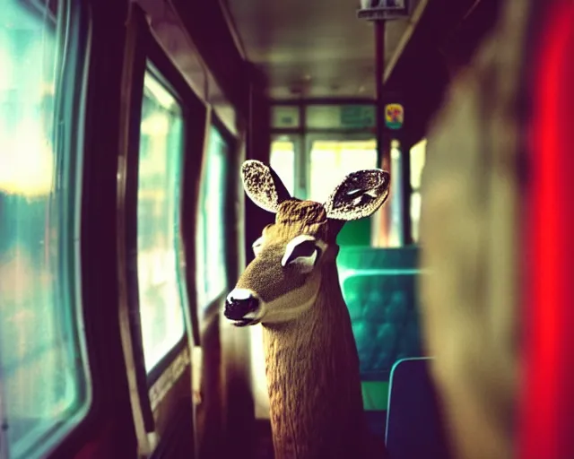 Image similar to a lomography photo of rumble between two human with deer head in soviet train this morning, bokeh,