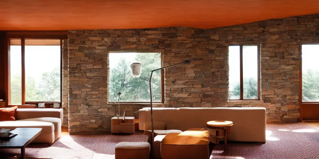 Prompt: interior of a small frank lloyd wright apartment with award winning stone work wall, photo