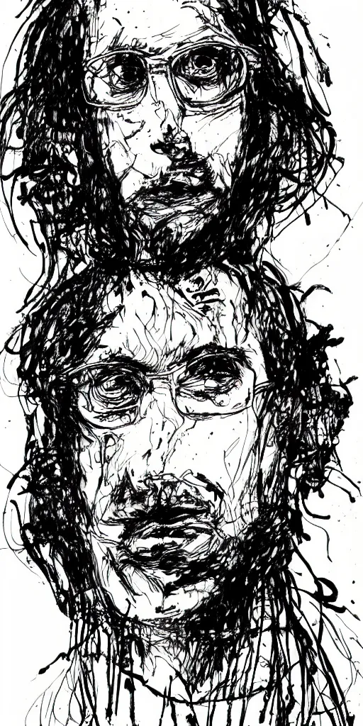 Image similar to a loose wild messy ink sketch portrait of a self portrait in the style of ralph steadman, caricature, dramatic