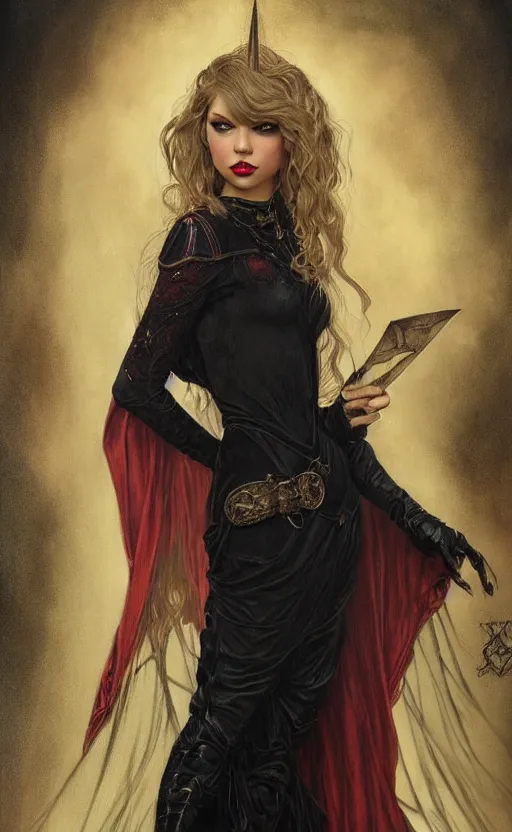 Image similar to full length portrait of a woman who is a mix of taylor swift and jordyn jones, sorcereress using dark seduction magic, d & d, medieval, fantasy, royo, klimt, miro, vallejo, frazetta, alphonse mucha, greg rutkowski, whealan