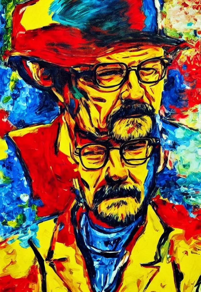 Image similar to expressionist painting of walter white on a motorbike, dynamic perspective, expressionist, colorful, clean, close up